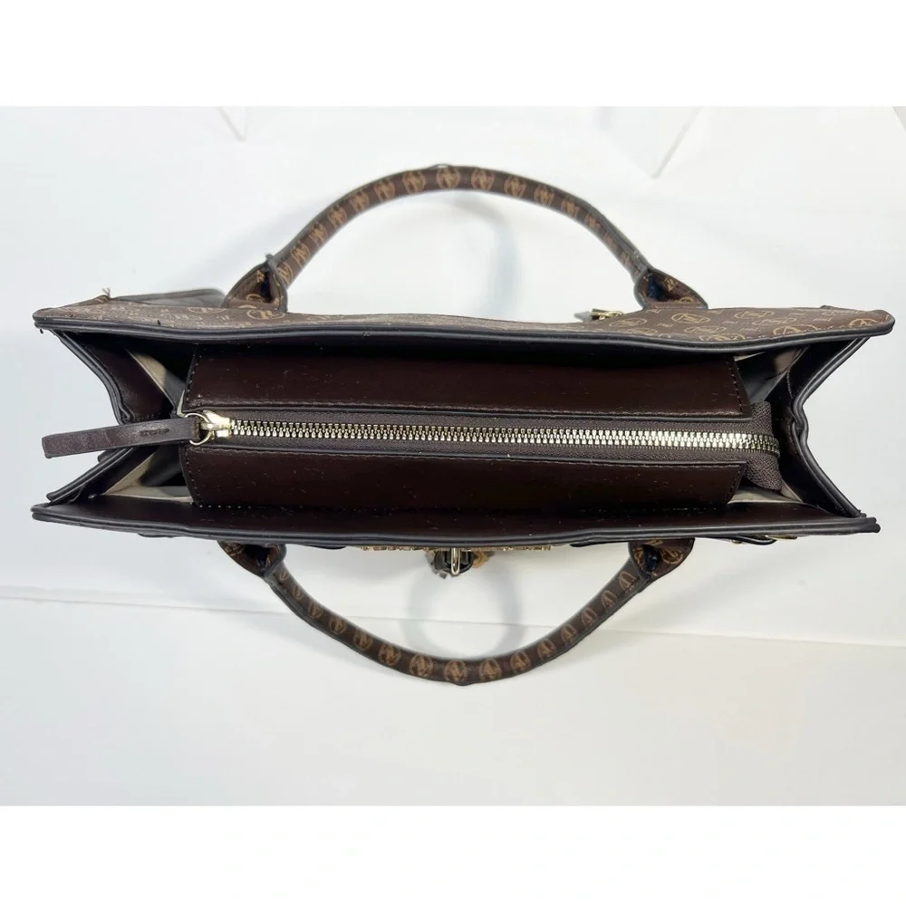Adrienne Vittadini Brown Vegan Leather and Cream Linen Medium  Handbag
